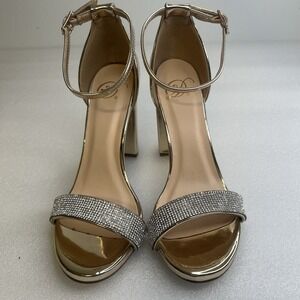 Rhinestone Block Heel Sandals 6.5 Iridescent Ankle Strap Party Heels